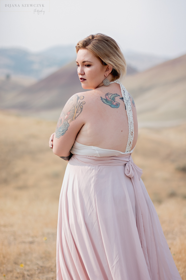 tattoo, curvy portrait session, blush maxi skirt