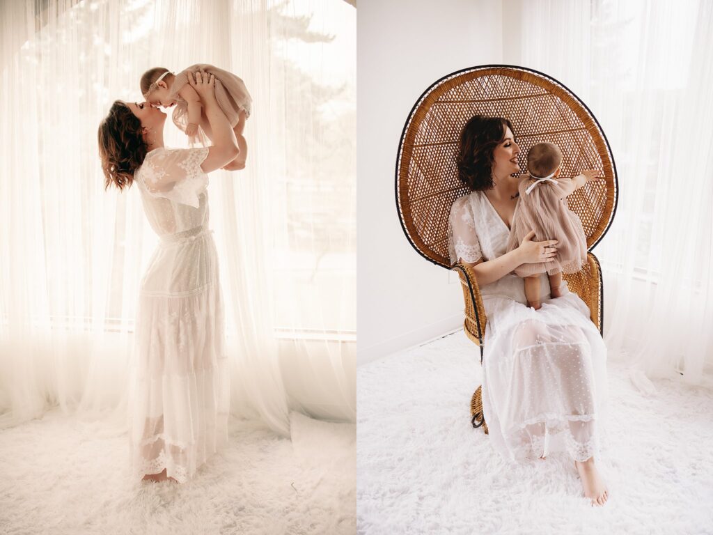 A mother and daughter showing their bond as the mother loving embraces her baby. One image, she is standing, giving her child a kiss on the forehead. The other image shows the mother sitting in a wicker chair, holding her small child and smiling.