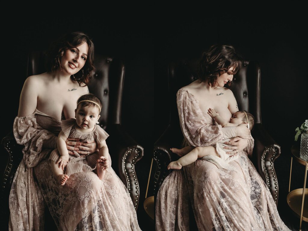 A mother nursing her child to highlight the beauty of motherhood with a boudoir photoshoot session