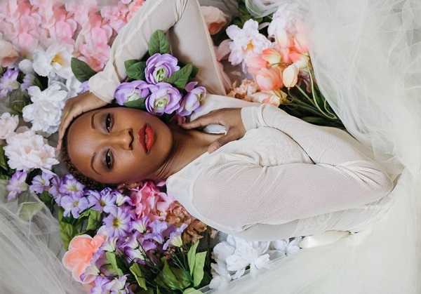 flowers, white dress, african american girl