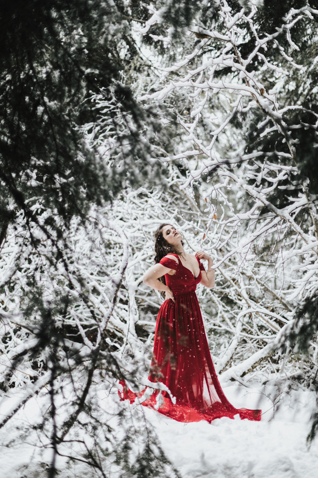 red dress snow queen photoshoot oregon
