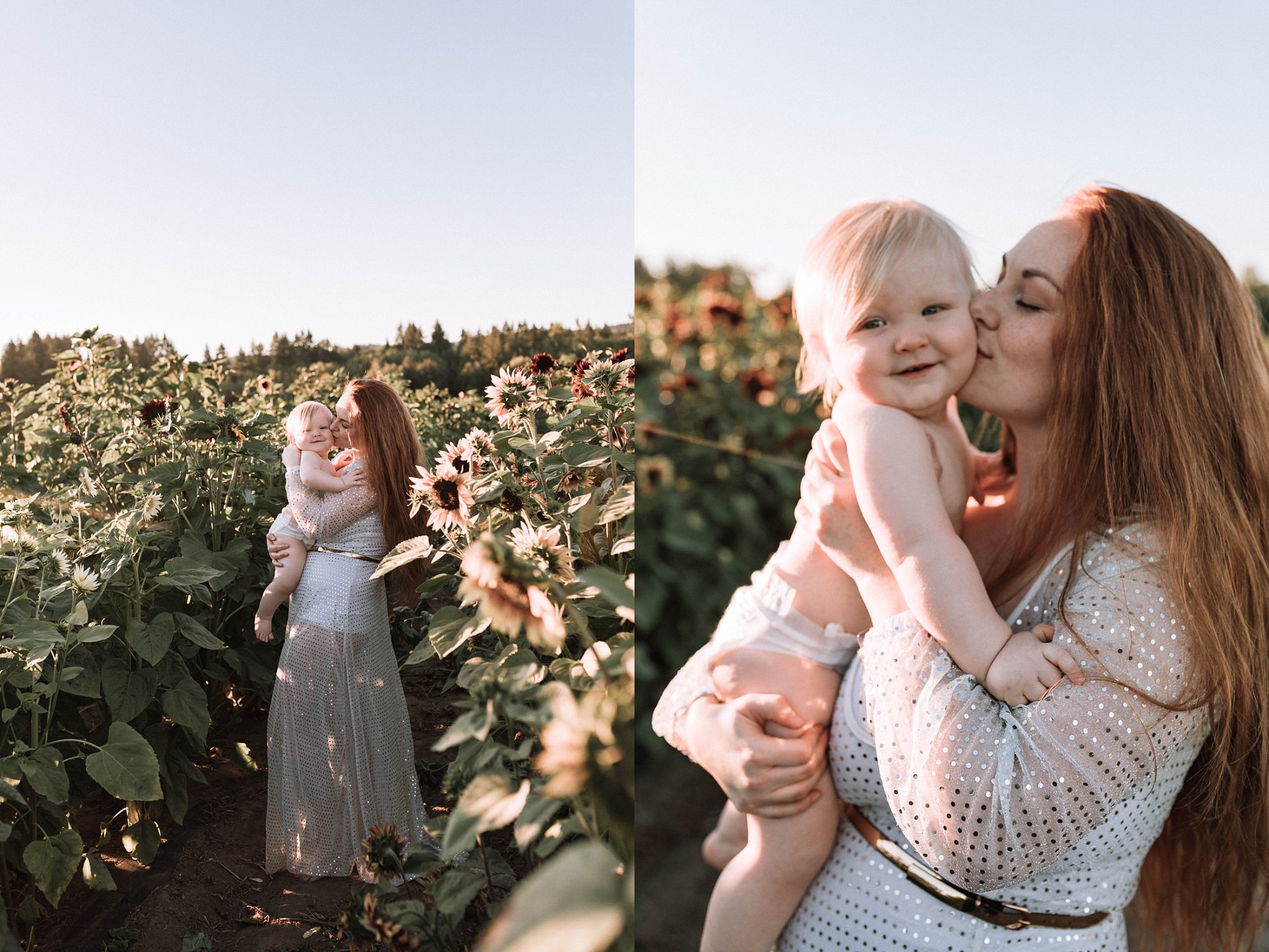 mom and baby sparkle dress in sunflower field