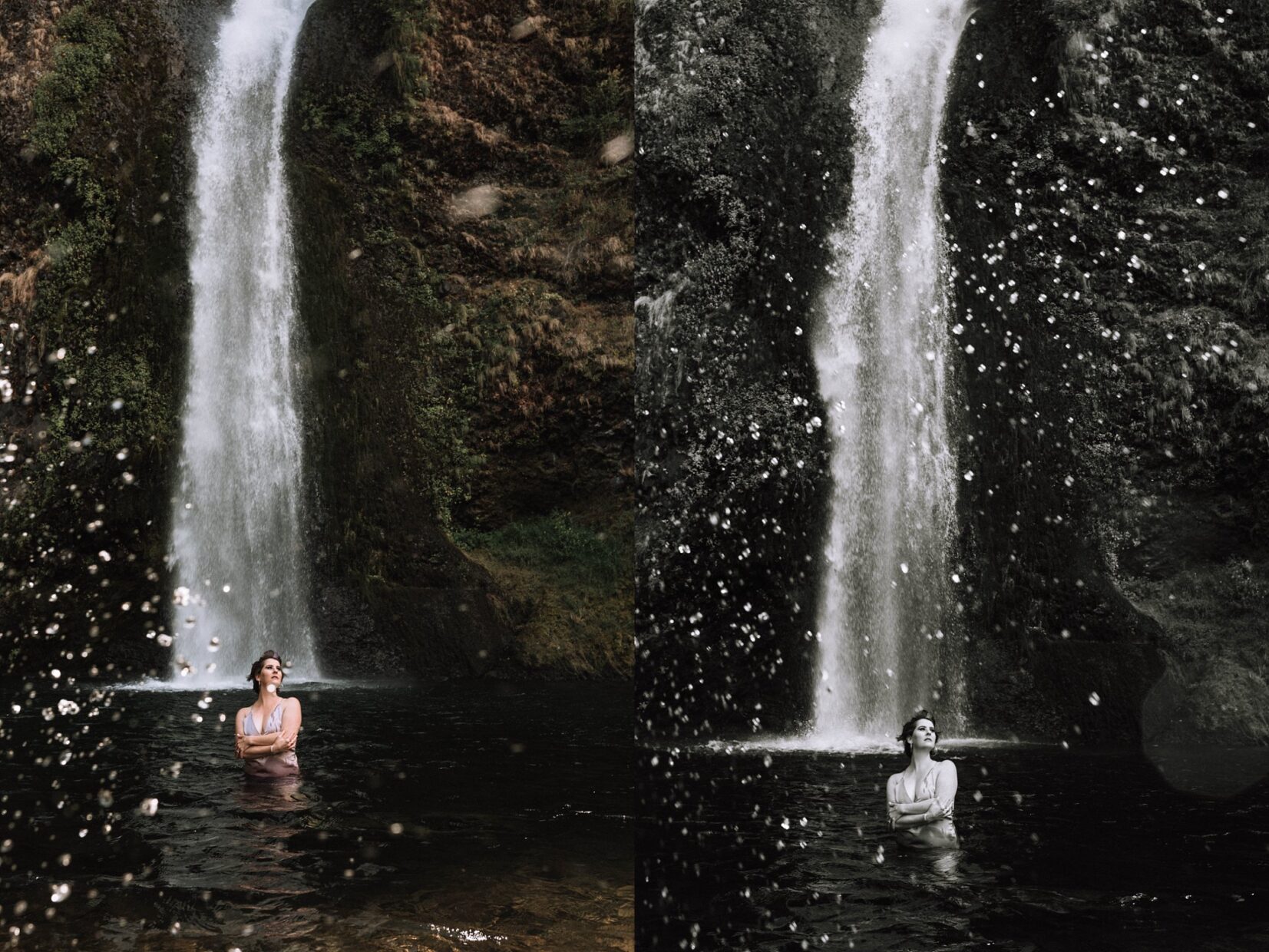 Outdoor waterfall splash boudoir photo Oregon
