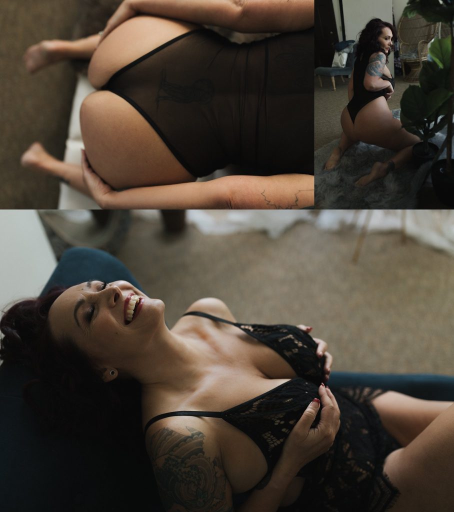 laughing sensual older woman boudoir