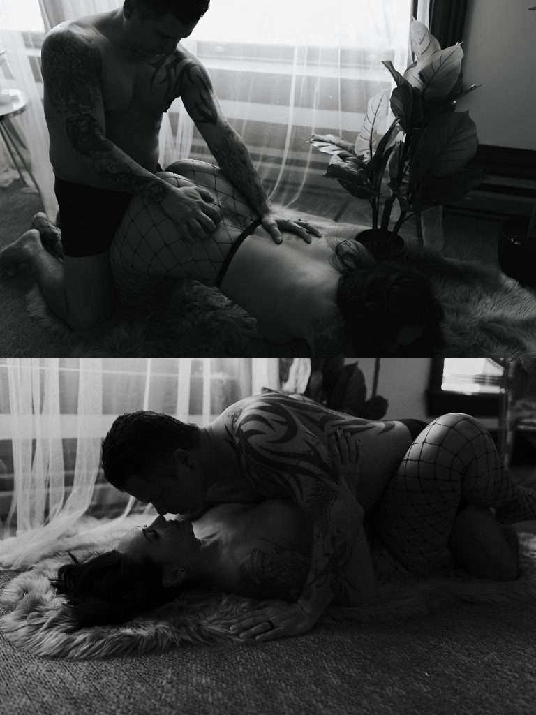 man kissing woman mature boudoir laying down passion