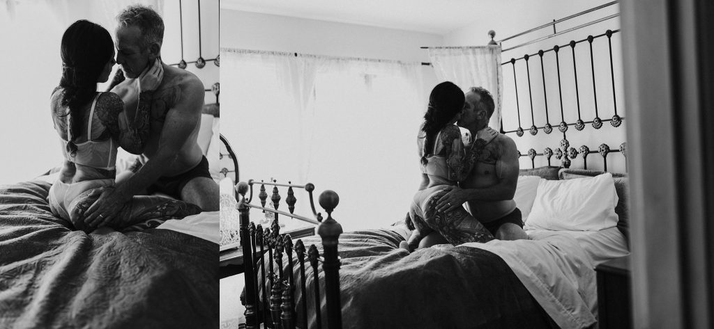 tattoo full body couple cuddling in bed