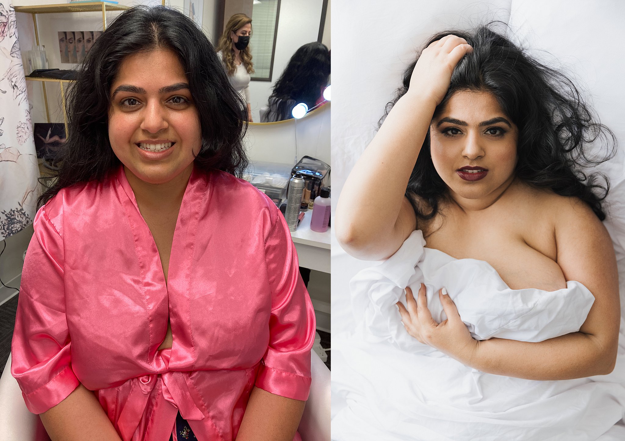 Shweta transformation Indian asian pink robe white sheets black hair smiling sexy makeover beauty and the brush Mariam kazemia Dijana Szewczyk Portland boudoir beaverton photographer Oregon