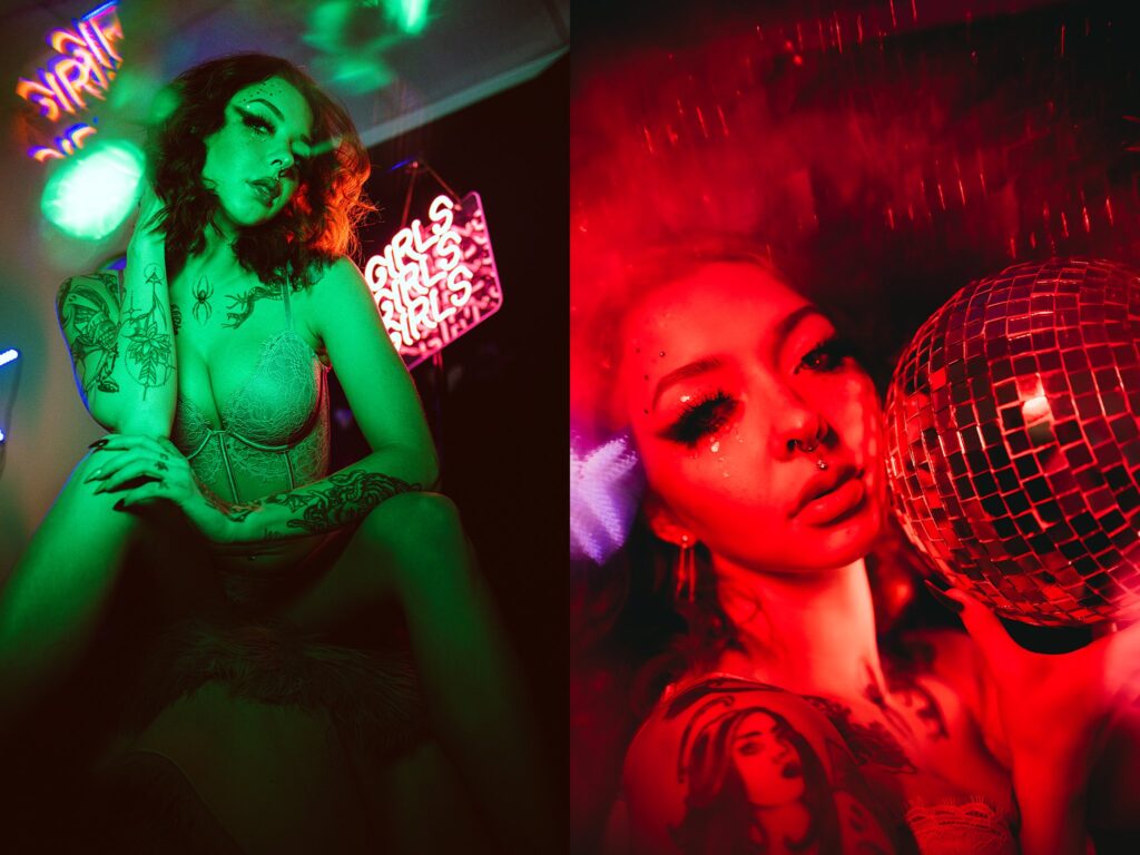 disco ball green boudoir woman edgy sitting down 