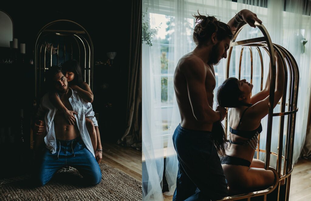 BDSM alternative engagement photoshoot for couples, ripped man with six pack and man bun pulling girls hair, wearing white button up