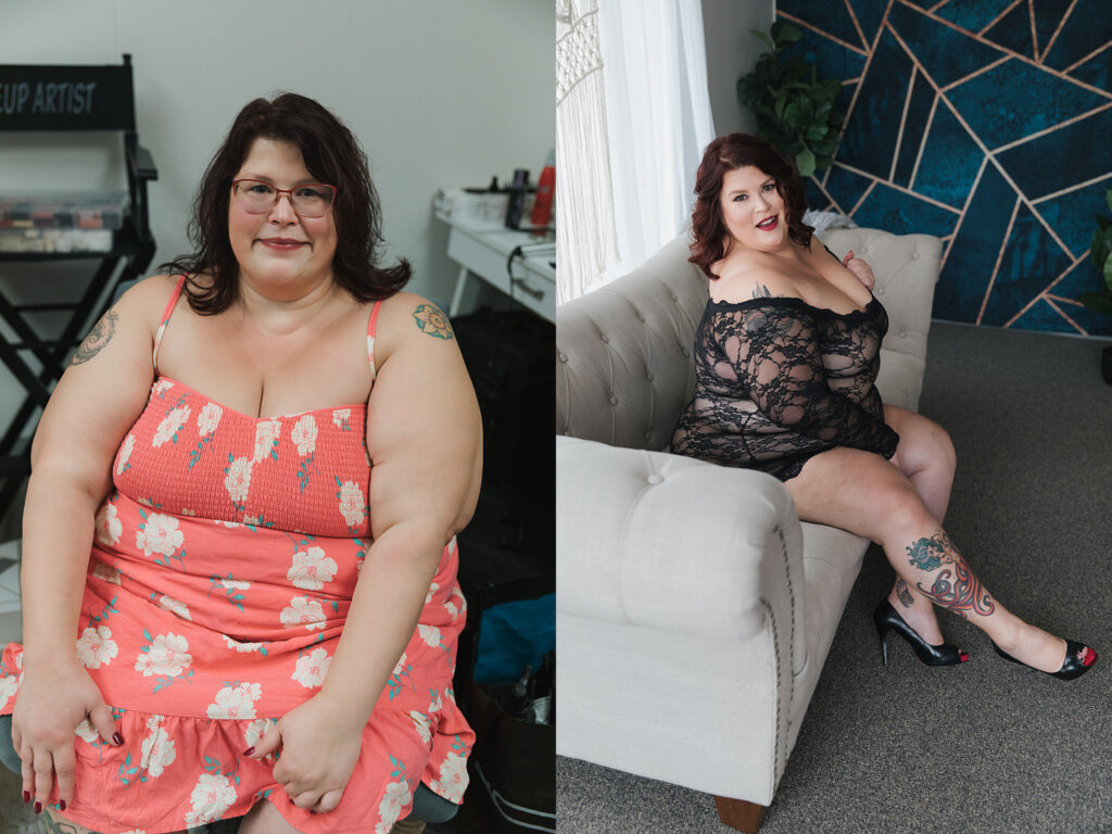 before and after make up and styling for boudoir photography plus size curvy brunette with glasses